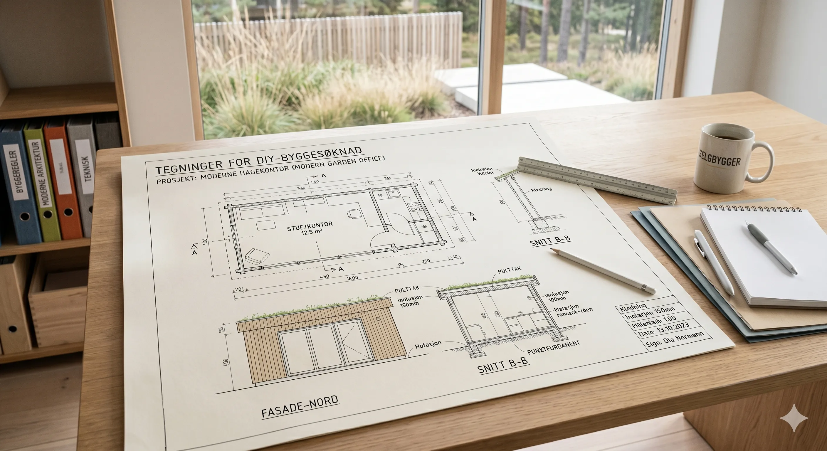Arkitekttegning med plantegning, fasade og snitt — klar for byggesøknad